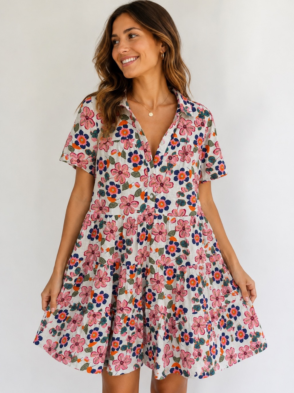 Joy Joy Floral Tiered Mini Dress Medium Collared  Button Front